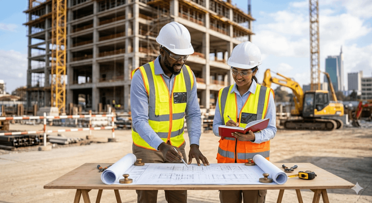Engineering project managers reviewing blueprints on an active site secured under standard Contractors All Risk material policies